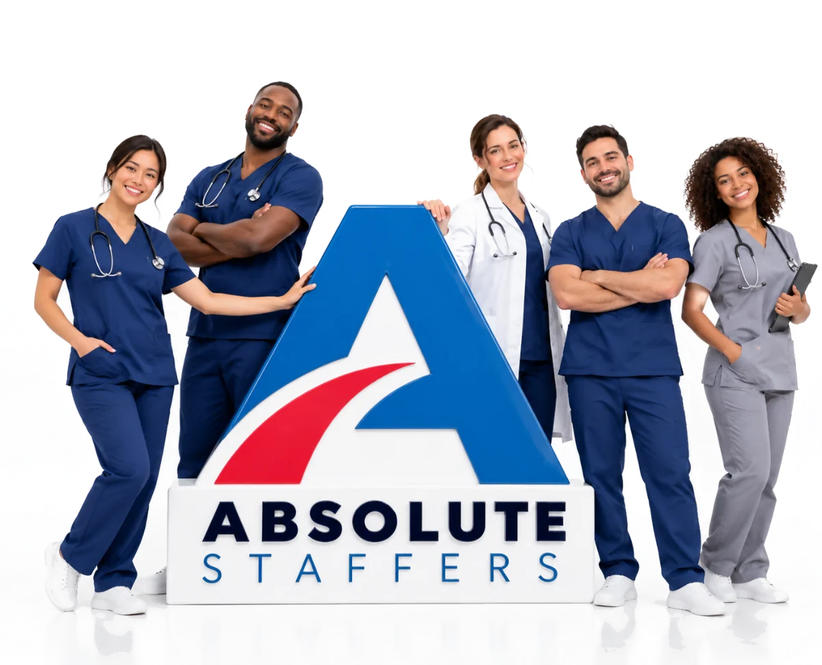 Absolute Staffers clinicians standing around the Absolute Staffers logo